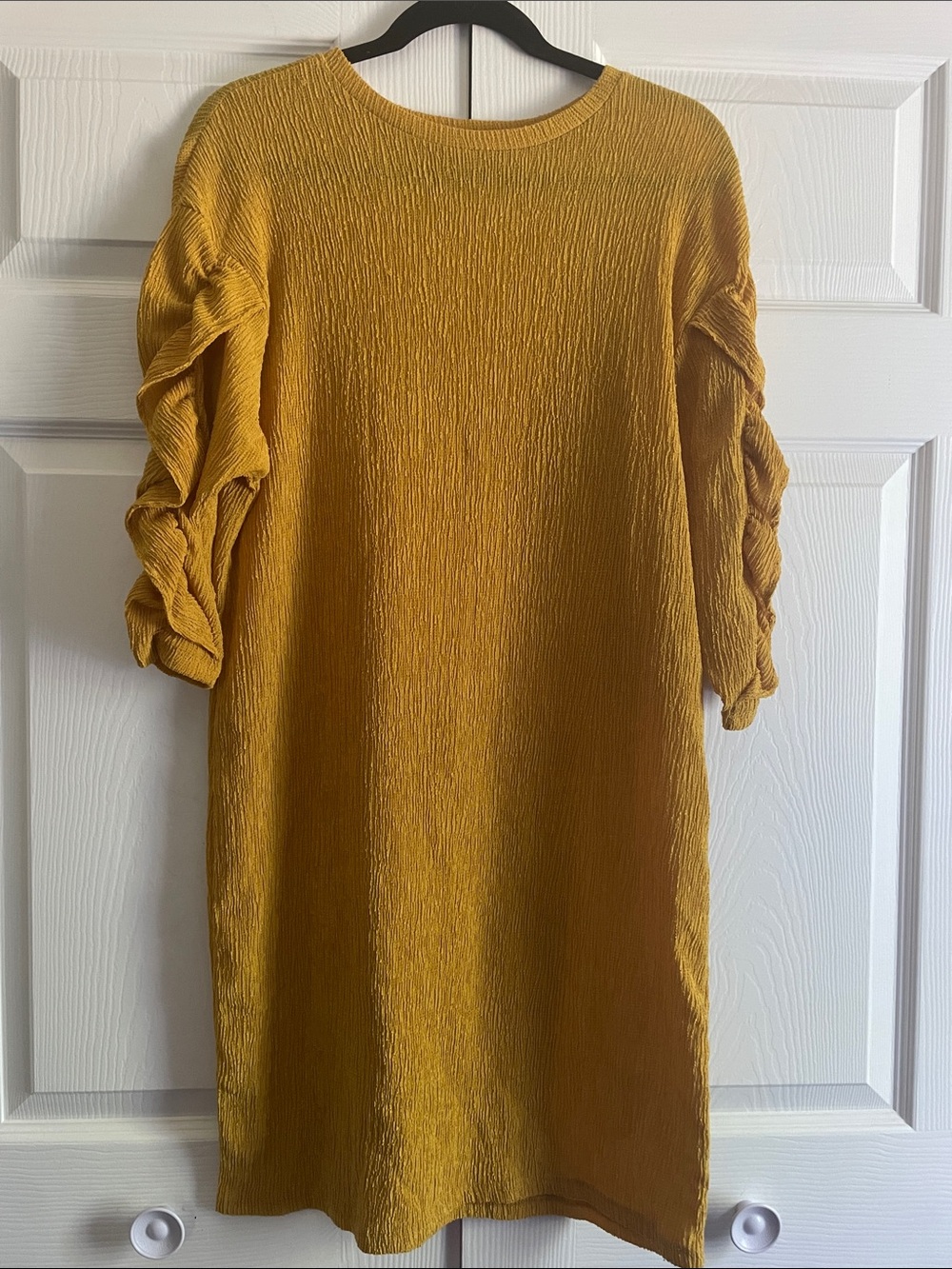 Zara Mustard Textured Midi Dress with Ruched Sleeves